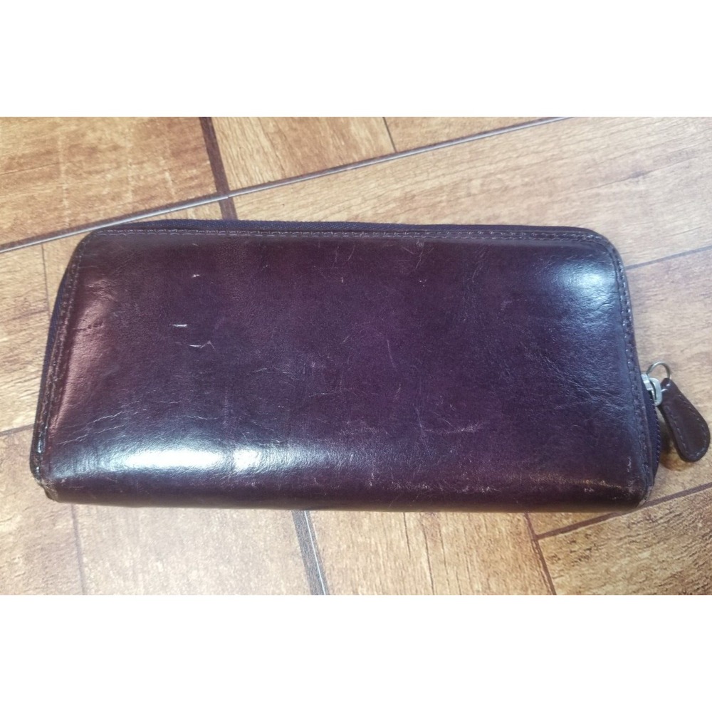 Firenza Dark Plum Large Leather Wallet Zip Around Zip Pocket Inside Credit‎ Card